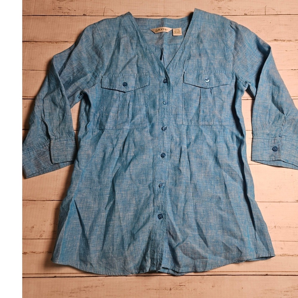 Orvis Womens Blue 100% Linen V-Neck Button Down Tunic Shirt Size Small 6/8